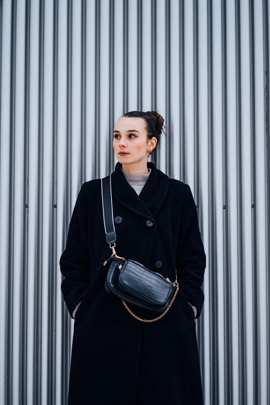 woman in a black coat and crossbody bag